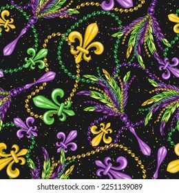 Seamless pattern with fleur de lis, strings of beads, feathers. Mardi gras carnival design. Vintage illustration for prints, clothing, surface design