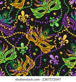 Seamless pattern with fleur de lis, strings of beads, serpentine, masks, confetti. Mardi gras carnival design. Vintage illustration for prints, clothing, surface design