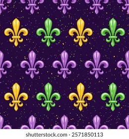 Seamless pattern with fleur de lis, beads, confetti. Mardi gras carnival design. Vintage illustration for prints, clothing, surface design