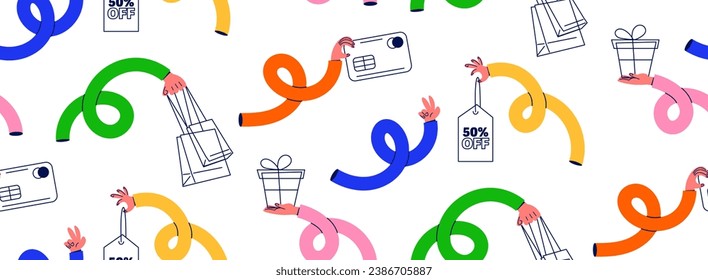 Seamless pattern with flexible elastic arms. Vector seamless background on the theme of shopping in retro cartoon style.