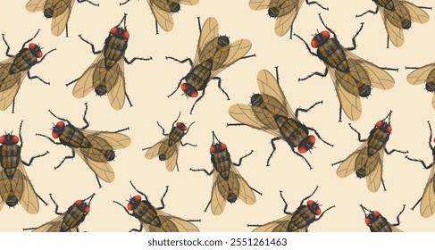 Seamless pattern of flies insect. Realistic fly pattern on beige background. Vector.