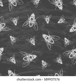 Seamless Pattern with flies. Retro background on the blackboard. Vector illustration.