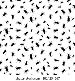 Seamless pattern with flies sitting outside on the window surface in different positions, vector, isolated on a white background. Insects that randomly located on a glass. Bugs endless tile, backdrop.