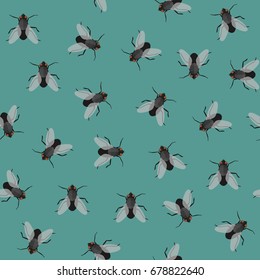 Seamless pattern with flies. Vector flat repeatable background with houseflies.