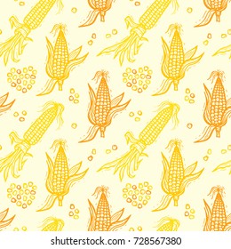 Seamless Pattern with Flint Corn (Indian corn or calico corn). Hand drawn doodle Vegetable Background. Vector illustration