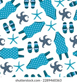 Seamless pattern with flip flop sandals, bikini, swimsuits, starfish. Repeating summer print.