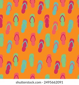 Seamless pattern with flip flops. Bright orange and green colored slippers with different ornaments background. Beach sandals summer vector flat illustration