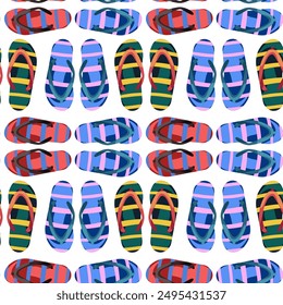 Seamless pattern with flip flops. Colored slippers with different ornaments on white background. Beach sandals. Vector flat illustration