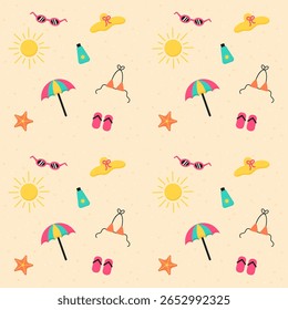 Seamless pattern with flip flops. Colored slippers with different ornaments on white background. Beach sandals. Vector flat illustration