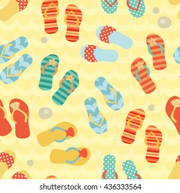 Seamless pattern with flip flops on a sand. Art vector illustration.