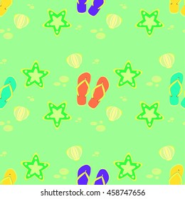 Seamless pattern with flip flops, seashells and starfish. Vector bright summer background. Bright green seamless background. Vector seamless beach wallpaper.