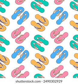 Seamless pattern with flip-flops summer shoes in cartoon style. Slippers design for wallpaper, textile. Vector illustration on a white background.