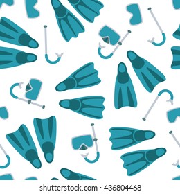 Seamless pattern with flippers, mask and snorkel on white background. Art vector illustration.