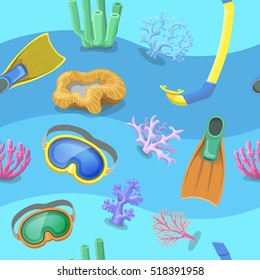 Seamless pattern with flippers, mask and snorkel on white background. Art vector illustration.