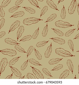 Seamless pattern with floating bird feathers on beige background. Illustration can be used as computer wallpaper, backdrop or print for textiles