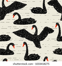 Seamless pattern with floating black swans. Hand drawn birds.