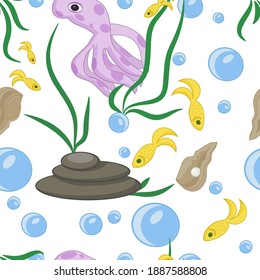 Seamless pattern with floating bubbles.Colorful fish, shells, rocks, seaweed and octopus on a white background.Cartoon style for kids.