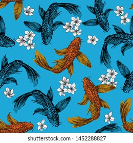 Seamless pattern of floating gold and black fishes and plumeria flowers on a blue background. Floating carps.