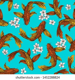 Seamless pattern of floating goldfish and plumeria flowers on a blue background. Golden carps.