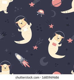 Seamless pattern with floating otters and space elements rocket, stars, moon, planets, ufo. For decorations greeting cards, prints, baby swatch