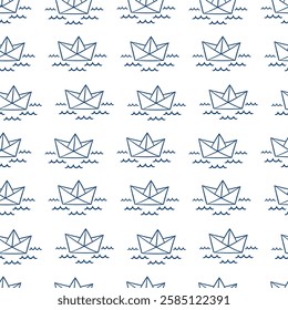 Seamless pattern with floating paper boats on ocean weaves. Vector nautical illustration background