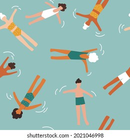 Seamless Pattern. Floating People on Sea. Vector Illustration