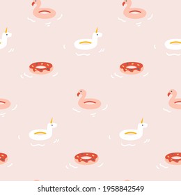 Seamless pattern with floating swim rings - unicorn, flamingo and donut. Seamless design with trendy drawing on pink background. Flat vector illustration