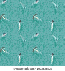 seamless pattern with floating in a transparent beautiful river of girls, young girls with long hair in water