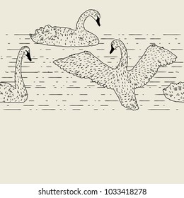 Seamless pattern with floating white swans. Hand drawn birds.