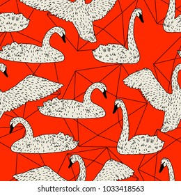 Seamless pattern with floating white swans. Hand drawn birds.