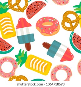 Seamless pattern with floats in the pool. Pineapple, doughnut,watermelon,ice cream.	
