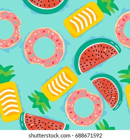 Seamless pattern with floats in the pool. Pineapple, doughnut,watermelon.	
