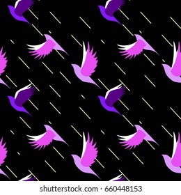 seamless pattern of flock of birds flying in the dark during a rain. Vector abstract repeat backdrop illustration. Design for prints, textile, decor, fabric. Street Art Print. Modern Creative Trendy 