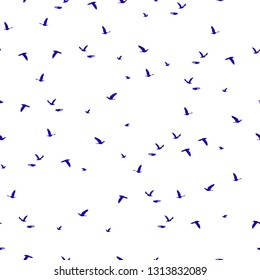 Seamless pattern flock of blue birds silhouette flying isolated on white background. Elegant wild animals fly print, modern motif fabric textile cloth or wall paper, vector design eps 10