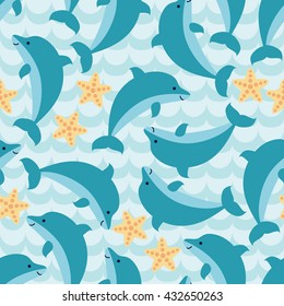 Seamless pattern with flock of cute cartoon dolphins and starfishes on blue wave background. For cards, invitations, baby shower albums, wallpapers, backgrounds, scrapbooks. Art vector Illustration. 