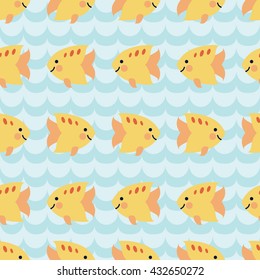 Seamless pattern with flock of cute cartoon smiling fishes on blue wave background. For cards, invitations, baby shower albums, wallpapers, backgrounds, scrapbooks. Art vector Illustration. 