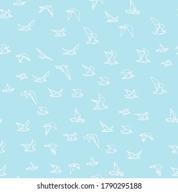 Seamless pattern Flock of flying birds Abstract geometric white line drawing on sky blue background. Vector