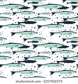 Seamless pattern with flock of forage fish. Catch of herring for making canned food. Stream of fish for backgrounds design. Texture for printing on fabric or paper. The fish swims in the water.