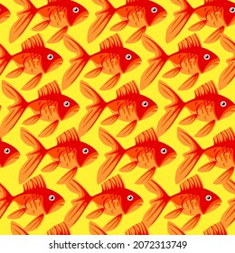 Seamless pattern of a flock of goldfish on a yellow background. Vector illustration
