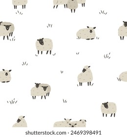 Seamless pattern with flock of sheep on white background. Pastoral scene vector illustration
