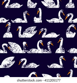 Seamless pattern flock of swans swim. Vector illustration. All elements are not cropped and hidden under mask. You will find a pattern to create scuffs in the file.