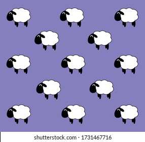 Seamless pattern with flock of white funny sheep on lilac background for postcards and web design. Cute cartoon wallpaper. Trendy and colorful vector illustration for children and adults.