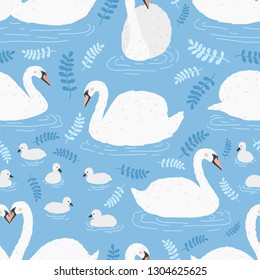 Seamless pattern with flock of white swans and cygnets floating in water, pond or lake. Backdrop with adorable wild birds or waterfowl. Flat cartoon vector illustration for wrapping paper, wallpaper.