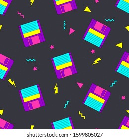 Seamless pattern with floppy in 90s style. Vector illustration