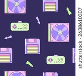Seamless pattern with floppy disk and gamepad. Multicolored elements on dark background. Retro illustration with outline in 90s style. Vector illustration.