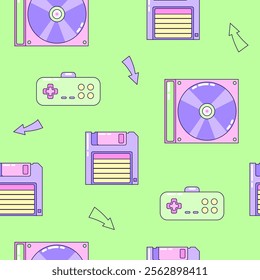 Seamless pattern with floppy disk and gamepad. Multicolored elements on green background. Retro illustration with outline in 90s style. Vector illustration.