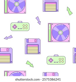 Seamless pattern with floppy disk and gamepad. Multicolored elements on white background. Retro illustration with outline in 90s style. Vector illustration.