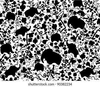 Seamless pattern of flora and elephants