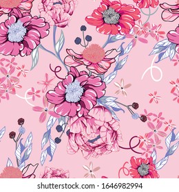 Flora y peonías sin fisuras de fondo rosa pastel.Una variedad de pinturas florales botánicas para el diseño de tejidos o tapicerías en estilos vintage y elegantes.Composición del ramo