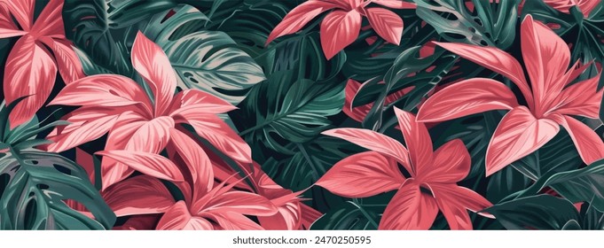 Flora sin costura de la flor rosa Avellana, rojo Heliconia rostrata, coloridas flores de Hibiscus y hojas sobre fondo negro. Dibujo de Ilustración vectorial.